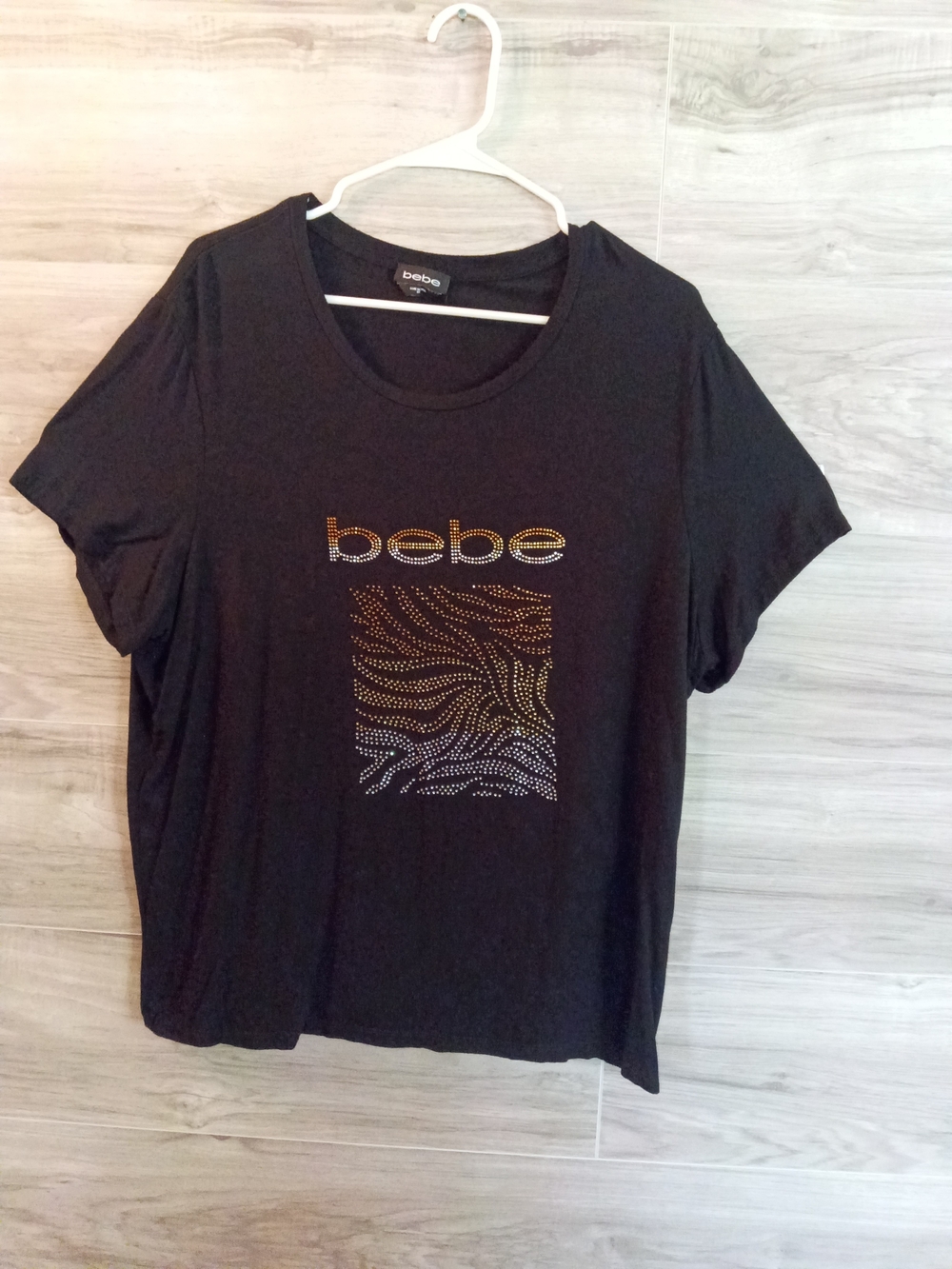 bebe Black Short Sleeve Tee with Gold and Silver Rhinestone Design